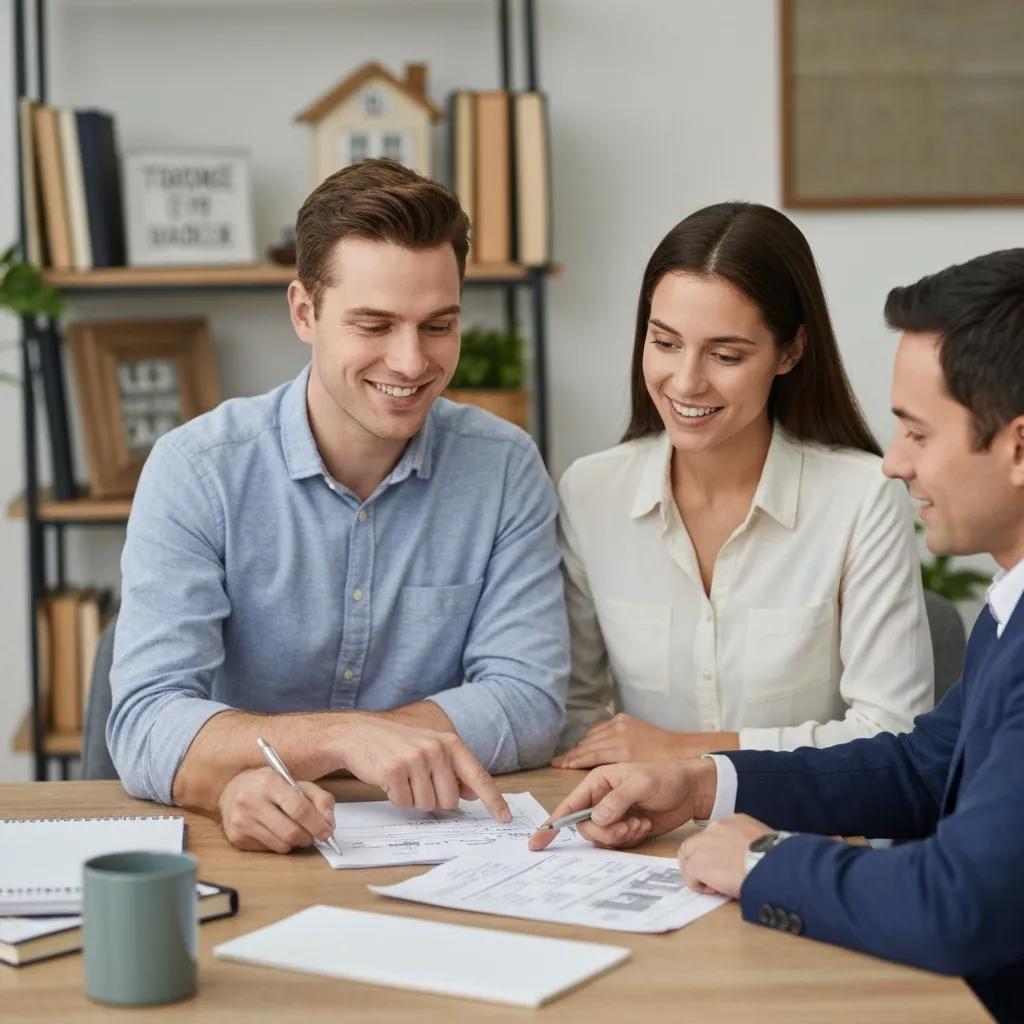 Homebuyer and agent discussing inspection results in an office