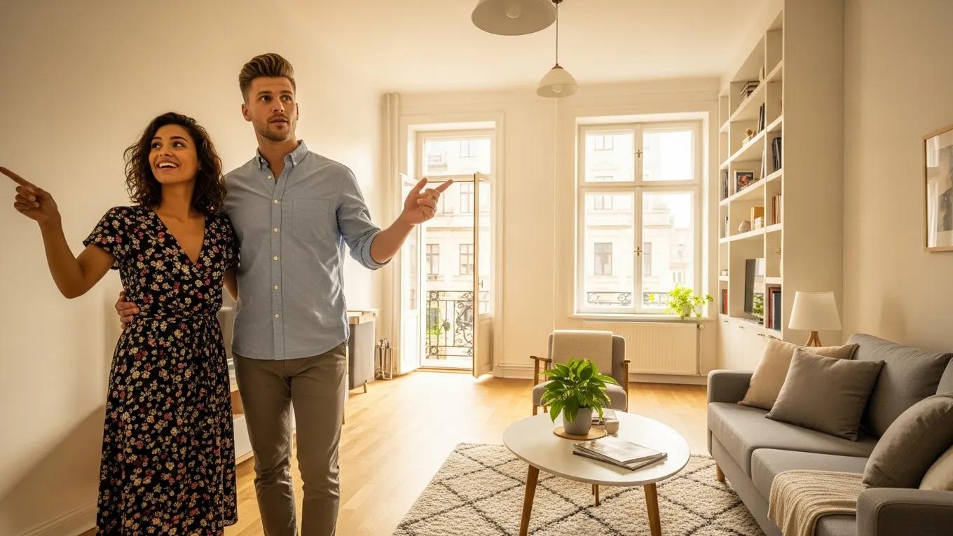 Couple exploring a bright modern apartment during their rental search