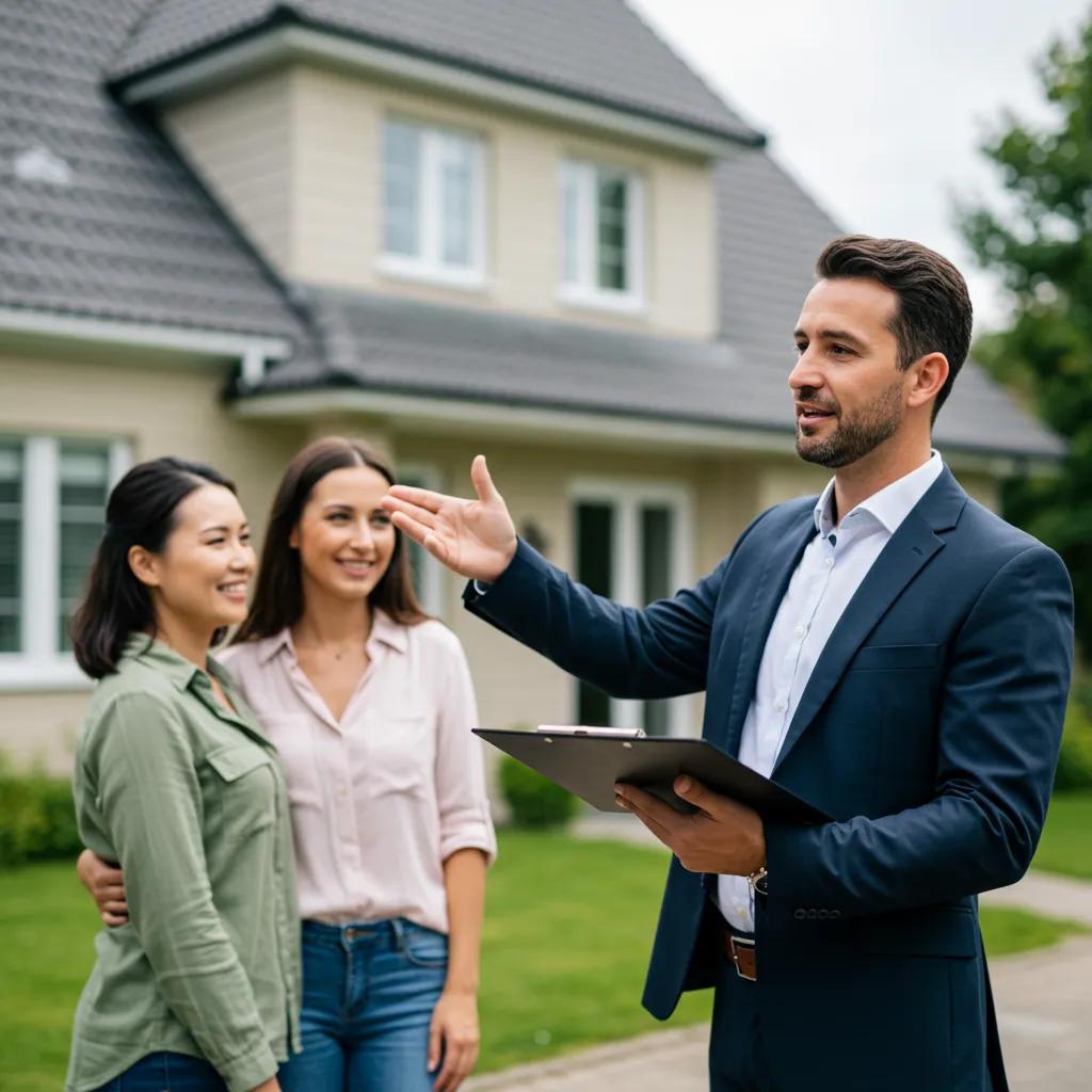 Friendly real estate agent showing a couple a beautiful home, representing the journey of finding the right agent