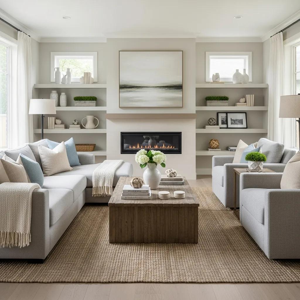Staged living room with neutral decor and inviting atmosphere
